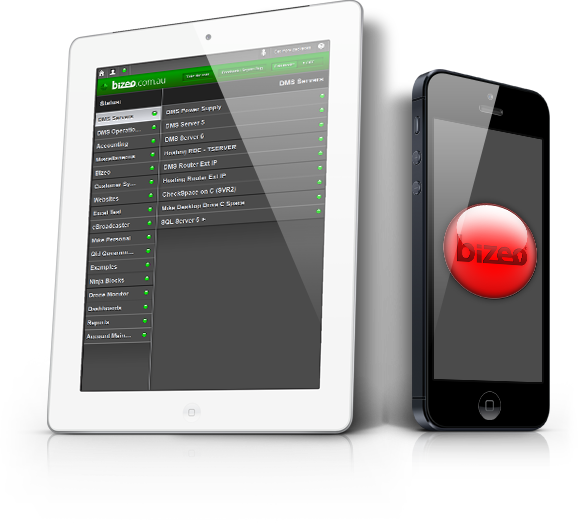 iPad with Bizeo interface and iPhone with red Bizeo indicator